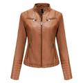 VKEKIEO Women s Slim Fit Leather Stand Up Collar Zipper Motorcycle Suit Thin Coat Jacket