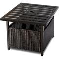 Outdoor Side Table with Umbrella Hole Rattan/Wicker Umbrella Stand Table Steel Metal Patio Bistro Table for Outdoor Deck Garden Pool Brown