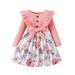 Frobukio Kids Girls Patchwork Dress Ribbed Flying Sleeve Knit Flower Print Mini Dress Casual Round Neck Dress