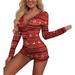 Women Christmas Long Sleeve Bodycon Jumpsuit Sexy V Neck Button Bodysuit Shorts One Piece Pajama Rompers Overall Sleepwear