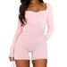 Women Sweetheart Neck Rompers Long Sleeve Ruched Front Jumpsuit Shorts