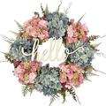 LSLJS Spring Wreath for Front Door Flowers Garlands 17.7 inch Artificial Floral Wreath with Hello Welcome Sign Pink and Blue Hydrangea Rattan Wreath Decorations for Wedding Wedding Party Home