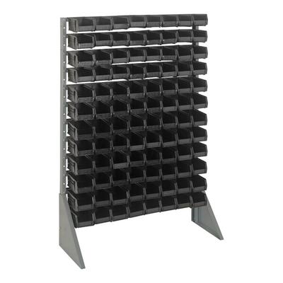 Quantum 36" x 15" x 53" Gray Steel Rail Rack with (96) 7 3/8" x 4 1/8" x 3" Black Bins and (12) Rails QRU-12S-220-96BK