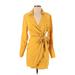 H&M Casual Dress - Mini Plunge Long sleeves: Yellow Print Dresses - Women's Size X-Small