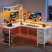 Ebern Designs Milya L Shaped Gaming Desk w/ Drawers, Reversible Office Desk w/ Hutch & Monitor Shelf Wood/Metal in White | Wayfair
