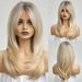 Ombre Blonde Wigs with Bangs Shoulder Length Ash Blonde Wig for Women Layered Wigs Dark Roots Synthetic Wigs for Daily Party 24IN