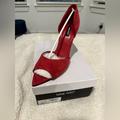 Nine West Shoes | Brand New Nine West Price Suede Open Toe Heel Size 12m 4 Inch Heel In Red | Color: Red | Size: 12