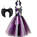 OBEEII 3PCS Devil Malificent Witch Girl Costume Halloween Fancy Dress with Hair Hoop Wings Cosplay Carnival Clothes for Kids 5-6Years