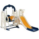 3 in 1 Toddler Slide and Swing Set Kids Playground Climber Slide Playset with Basketball Hoop and Safety Belt Freestanding Outdoor Indoor Playhouse Playset for Backyard Blue+Yellow