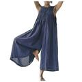 Casual Pants For Women 2023 Trendy Women Casual Solid Cotton Linen Romper Long Playsuit Zipper Short Sleeve Jumpsuit Navy-C Xl