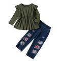 ZHAGHMIN Baby Girl Clothes Toddler Girl Outfit Ripped Jeans Ruffle Solid Color Crew Neck Shirt Tops Pant Set Casual Girls Pockets Demin Pants Green Size110
