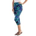 Plus Size Women's Essential Stretch Capri Legging by Roaman's in Ultra Blue Tropical Leaves (Size 12) Activewear Workout Yoga Pants