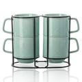 Adewnest Stackable Coffee Mugs with Rack : 13 oz Stacking Ceramic Coffee Cups with Stand - Porcelain Stacked Tea Mugs Set of 4 (Mint Green)