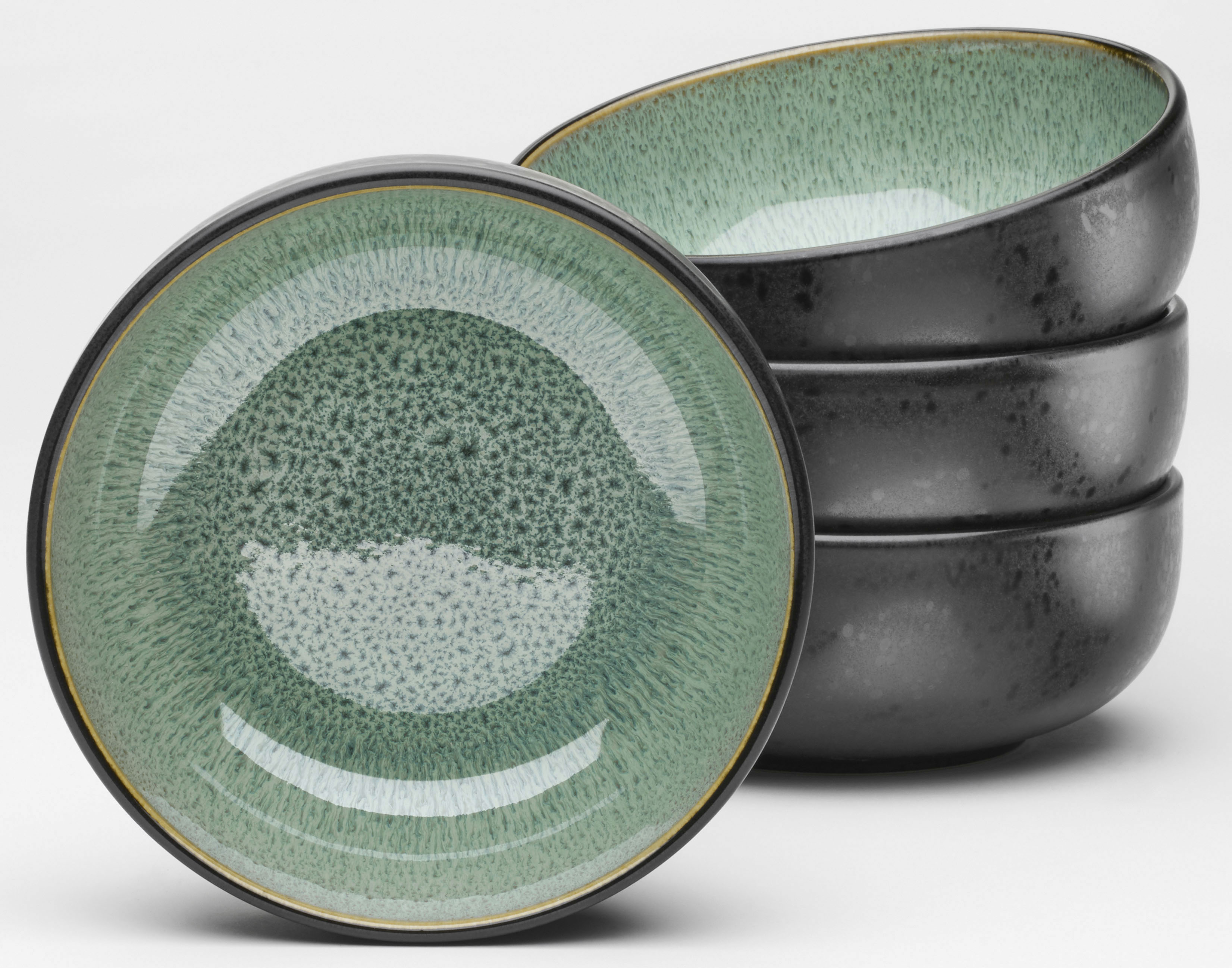 Schale TÖCHTER & SÖHNE "Mia", grün, B:18cm H:7cm T:18cm Ø:18cm, Steingut, Schüsseln, Schale, reaktiv glasierte Innenseite, matte schwarze Glasur auf der Außenseite