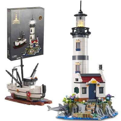 1677PCS Elektrische Leuchtturm Bausteine Fischer Rettungsboote Leuchtturm Modell Ziegel Mit Licht Kinder Spielzeug Weihnachten Geschenke Image