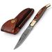 Damascus steel folding knife with leather sheath 8.5 inches long laguiole pocket knife with 4 inches long Damascus steel Blade 4.5 inches Brown multi shade wood scale with Brass bolster and pommel