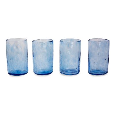 Azure Mist,'Set of 4 Clear Blue Hand Blown 11 oz Tumblers'