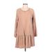 Very J Casual Dress - Mini Scoop Neck Long sleeves: Tan Solid Dresses - Women's Size Large