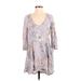 Free People Casual Dress - A-Line V Neck 3/4 sleeves: Gray Print Dresses - Women's Size 2