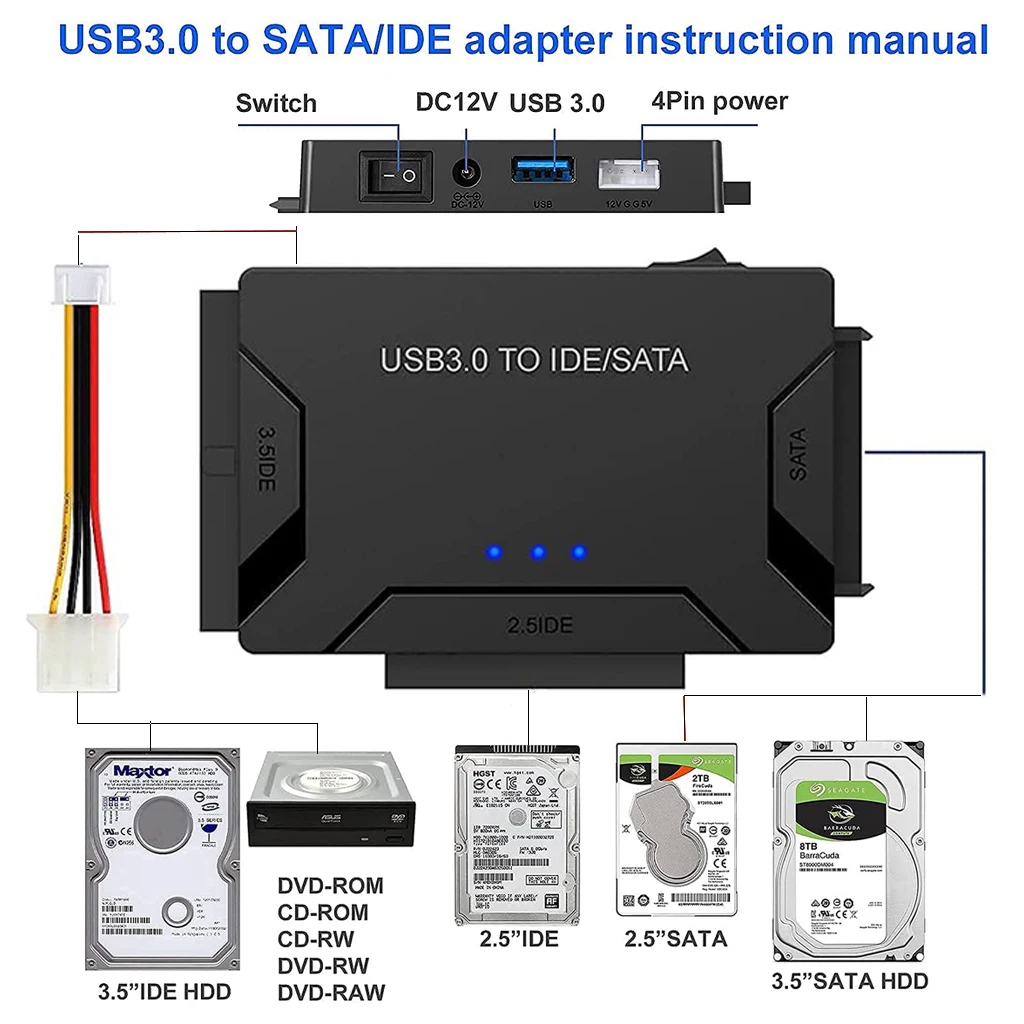 Cavo convertitore adattatore disco rigido USB 3.0 a SATA IDE per HDD/SSD da 3,5 2,5 pollici CD DVD ROM CD-RW Adattatore USB IDE SATA 3 in 1
