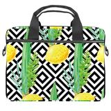 OWNTA Yellow Lemon Green Leaves Black Geometric Pattern 11x14.5x1.2in Velvet Liner Beaded Canvas Laptop Bag with Microfiber Leather Strip and Braided Belt