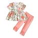 Mikrdoo 6M Newborn Baby Girls Clothes Floral Print Ruffle Short Sleeve Dress Tops Casual Elastic Frill Pants 2Pcs Outfits For Spring Fall 6-9 Months Pink