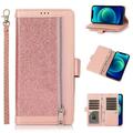 Wallet Case for iPhone 15 Pro Shining Zipper Pocket Card Holder Case Glitter Sparkle Luxury PU Leather Magnetic Flip Kickstand Cover with Wrist Hand Strip Shockproof Case Pink