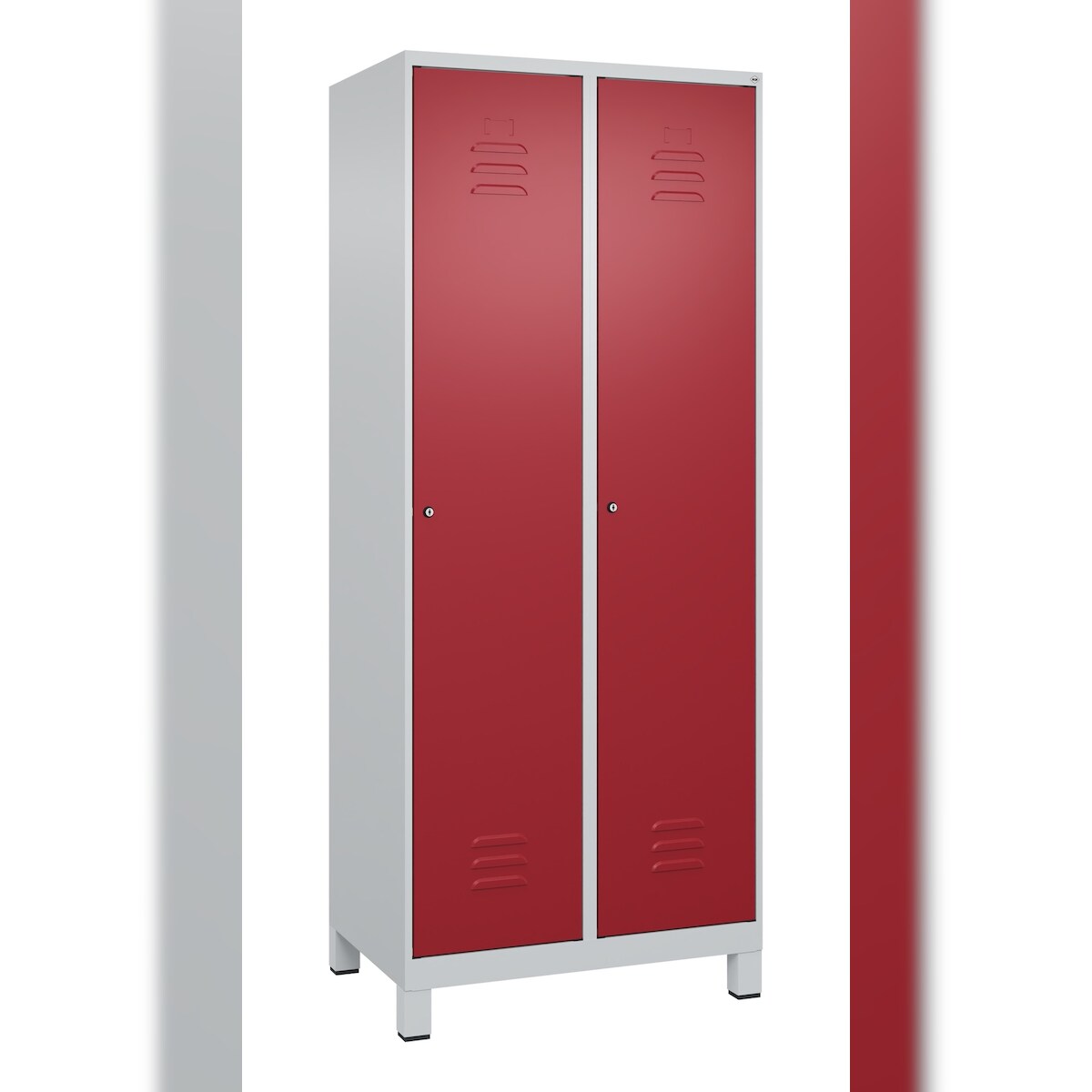 C+P Spind Classic PLUS, Füßen, 2 Abteile, HxBxT 195x80x50cm, Zylinderschloss, Hellgrau/Rubinrot von PROREGAL Image