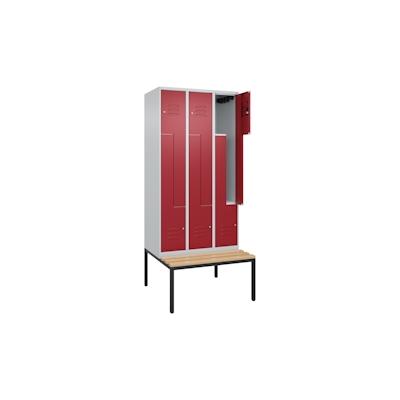 C+P Z-Spind Classic PLUS, Buche untergebaute Sitzbank 6 Abteile, HxBxT 212x90x82cm, Zylinderschloss, Hellgrau/Rubinrot von PROREGAL Image