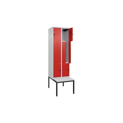C+P Z-Spind Classic PLUS, Kunststoff untergebaute Sitzbank, 4 Abteile, HxBxT 212x60x82cm, Sicherheitsdrehriegel, Hellgrau/Rot von PROREGAL Image