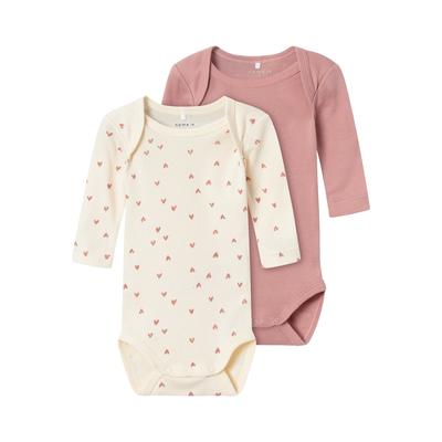 Body NAME IT "NBFBODY 2P LS BUTTERCREAM HEARTS NOOS", Damen, Gr. 68, N-Gr, beige (buttercream), Rippstrick, Obermaterial: 100% Baumwolle, bedruckt, casual, regular fit, Rundhals, Langarm, Bodies Image