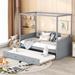Twin Size Canopy Bed with Twin Size Trundle Bed and Built-in Backrest, Wood Daybed with Wood Slats, Headboard and Footboard