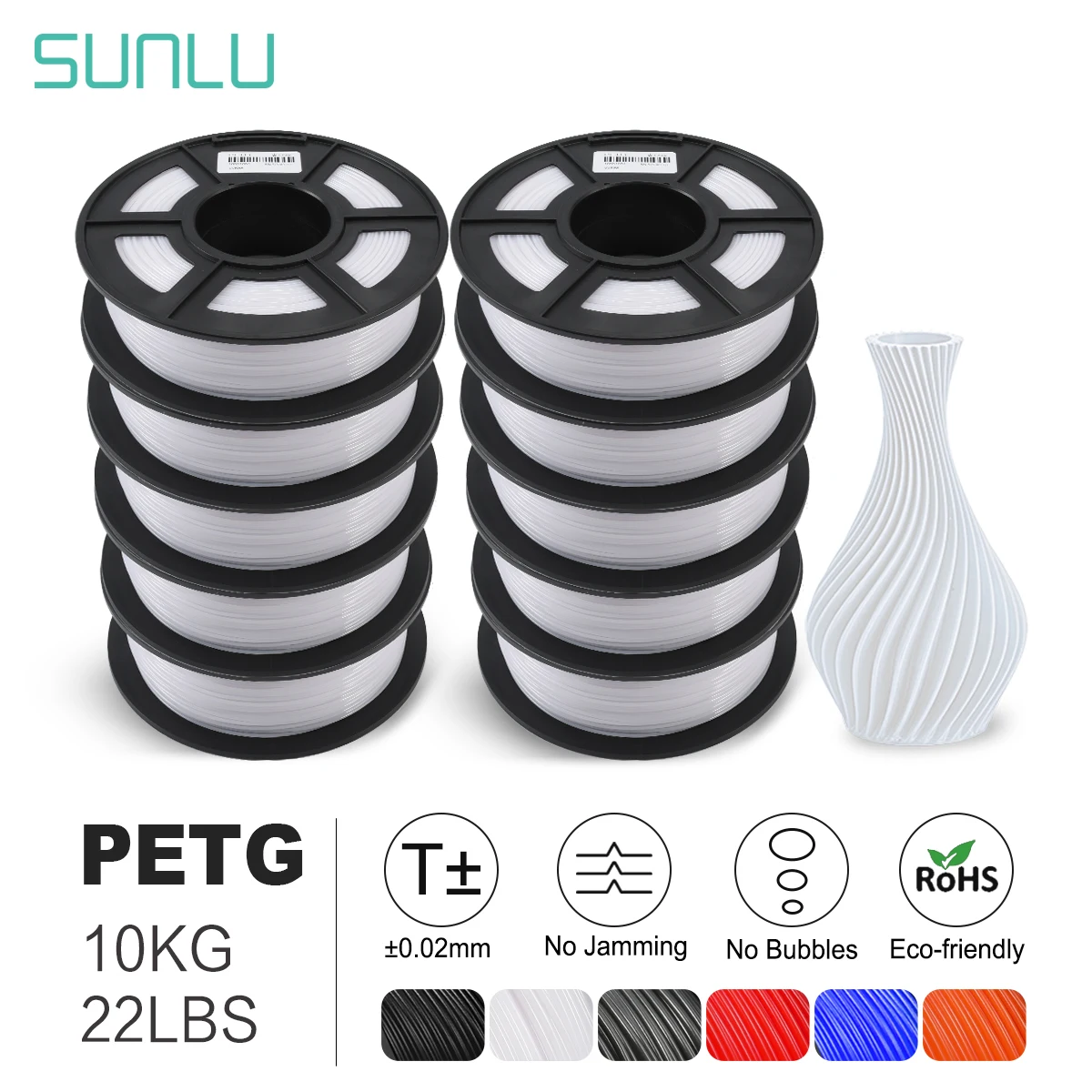 SUNLU PETG-Filament, 10 kg, 1,75 mm, 22 Pfund, keine Blase, geruchlos, ordentlich, gute Zähigkeit, biologisch abbaubar, hohe Transparenz Image