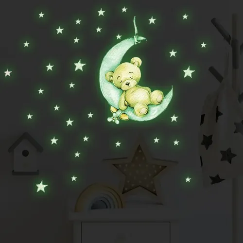 Teddybär Schlafen auf Mond Leuchtende Wand Aufkleber für Kinder Zimmer Schlafzimmer Dekor Wand