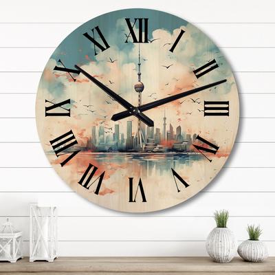 Designart "Teal Shanghai City Skyline" Cityscapes Oversized Wood Wall Clock