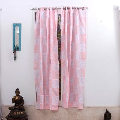 Checkered Spring,'Floral Checkered Pink and White Cotton Curtains (Pair)'