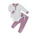 Gueuusu Newborn Infant Baby Girl Clothes Set Striped Romper Bodysuit Drawstring Flare Pant Bell-Bottom Fall Outfit 2Pcs 0-24M