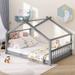 Gray Full Size House Bed with Roof with Playhouse Design, Semi-Enclosed Sleeping Space, Sturdy Pinewood Frame