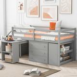 Twin Size Low Loft Bed w/ Retractable Writing Desk & 3 Drawers, Wooden Storage Bed w/ Stairs & Shelves for Kids, Teens, Gray