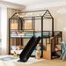 Metal Bunk Bed Twin Over Twin, Floor Bunk Bed/ Kids House Bunk Bed with Slide, Ladder and Shelf, Bunk Beds for Kids Girls Boys