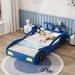 Blue Wooden Twin Size Race Car Platform Bed Bed with Wheels Legs, Safety Rails, Tail Storage Rack, Easy Assembly