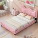 Full Size Kids Platform Bed Upholstered Bed with Cute Cat Ears Shaped Headboard, Soft Cushion Bed Frame and Carton Design, Pink