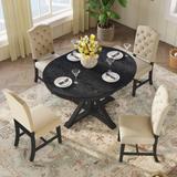 Round 5-Piece Wood Extendable Dining Table Set with Fabric Upholstered Armless Dining Chairs and Extension Leaf for Dining Room