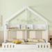 Creamy White Pine Wood Twin Size House Platform Beds, Two Beds with Guardrails, House-Shaped Roofs with Storage Shelves
