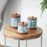 Light Blue or Orange Ceramic Floral Canisters with Wood Lids (Set of 3)