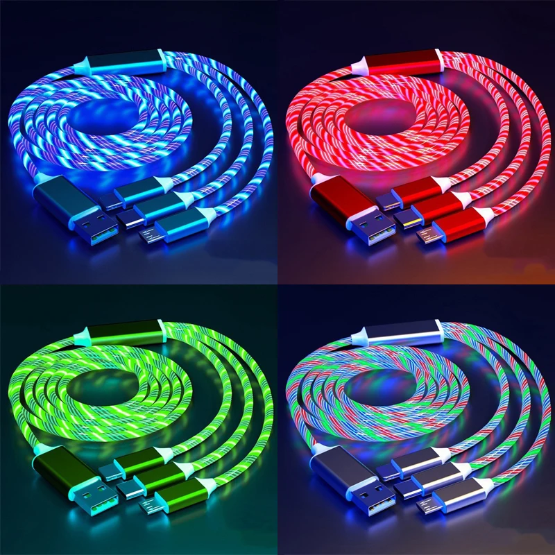 Leuchtendes LED-3-in-1-Kabel für Samsung Xiaomi iPhone, fließendes Streamer-Licht, Schnellladegerät, USB-C-Kabel, leuchtendes Typ-C-Kabel Image