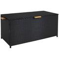 Faux Wicker Outdoor Deck Storage Box With Acacia Wood Handles - Hinged Lid - Black