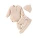 3pcs Newborn Baby Boy Girl Pants Set Solid Color Long Sleeve Romper + Elastic Pants+ Beanie Hat