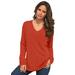 Plus Size Women's Fine Gauge Drop Needle V-Neck Sweater by Roaman's in Copper Red (Size 6X)