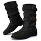 Dernolsea Mid Calf Boots Women, Pull On Flat Pixie Boots Buckle Calf Length Slouch Boots All Black 6 UK